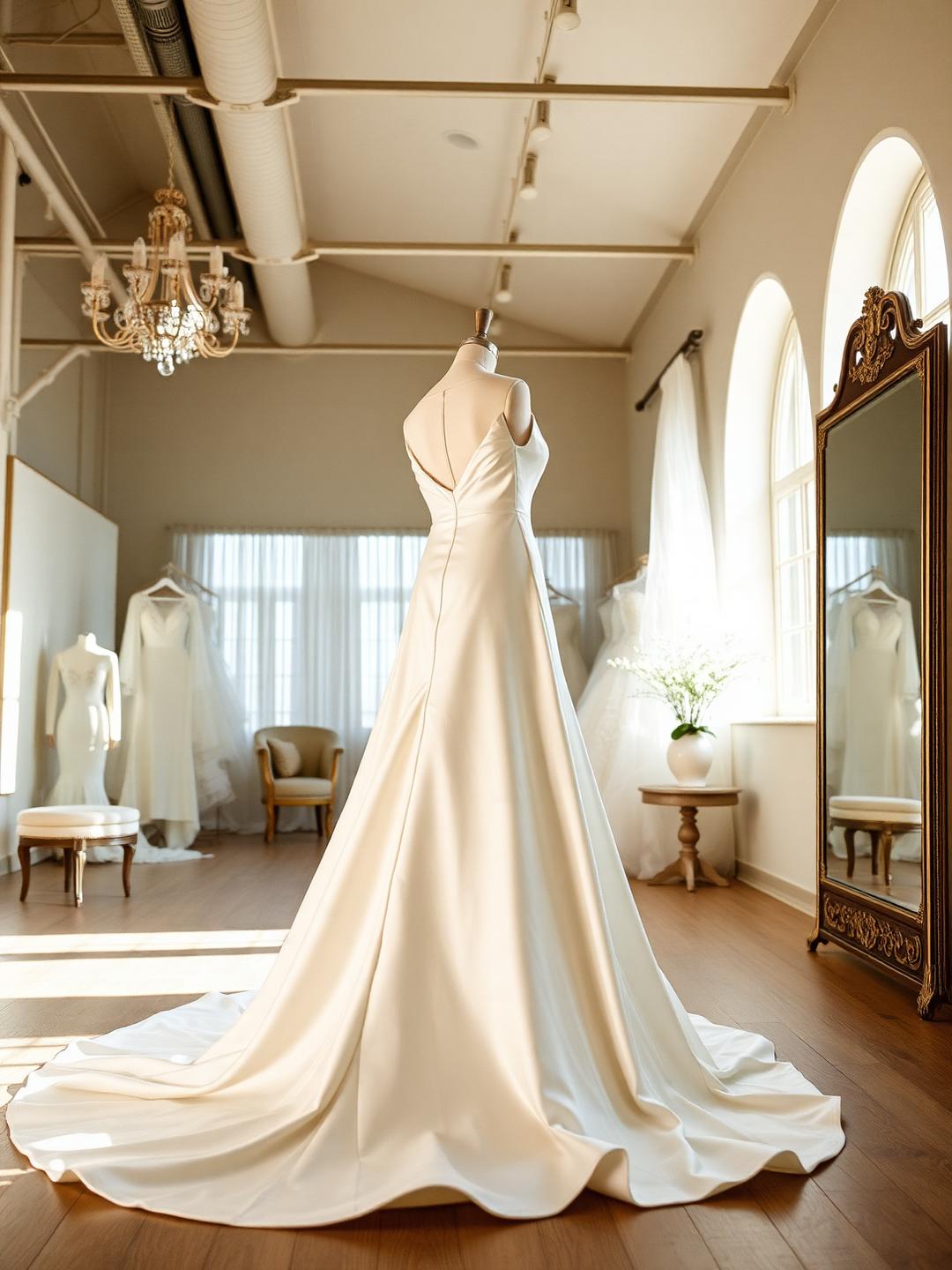 Ivory satin wedding gown with a sweeping train in a sunlit bridal atelier