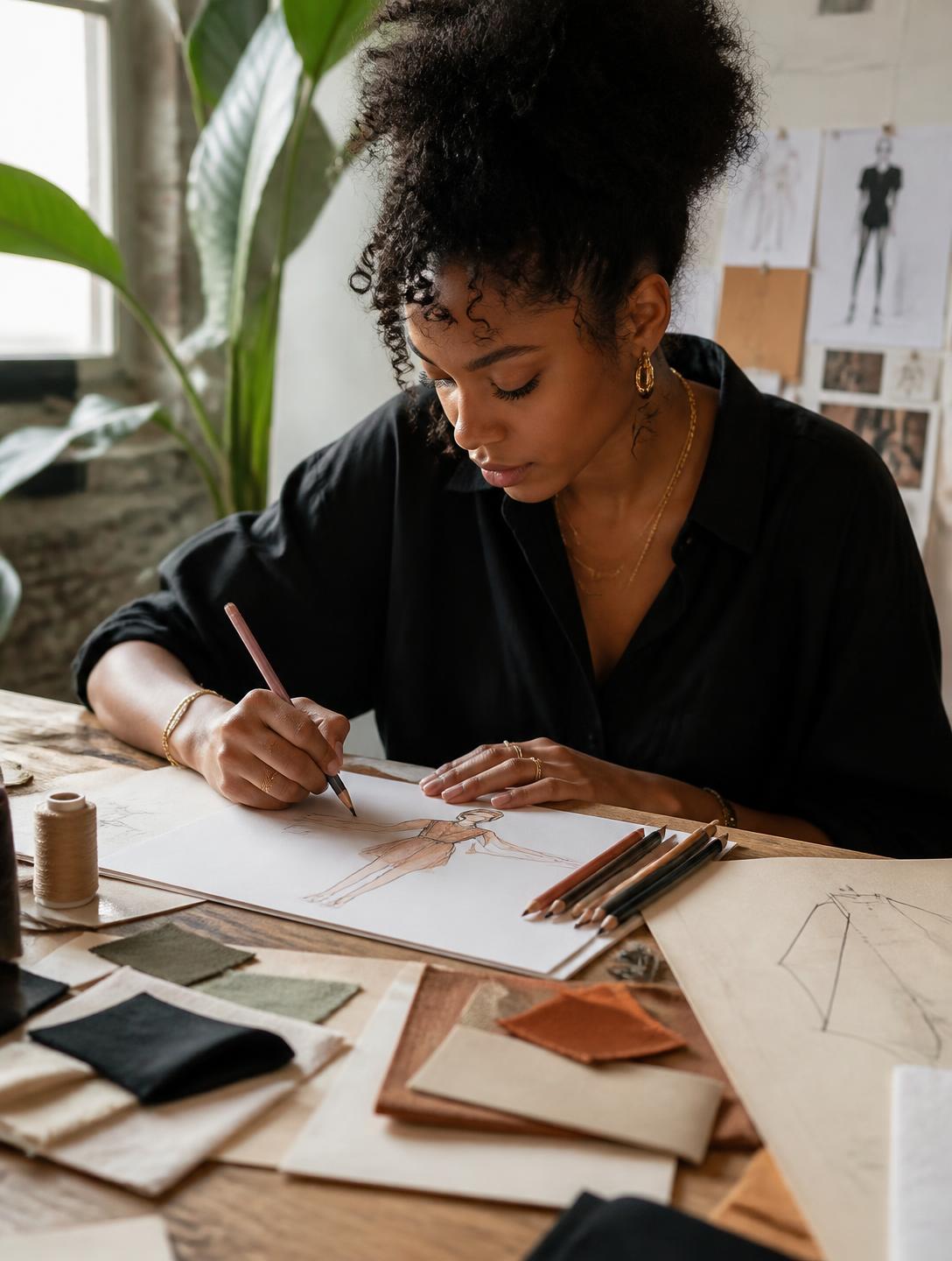 A student sketching a fashion croquis at a studio drafting table