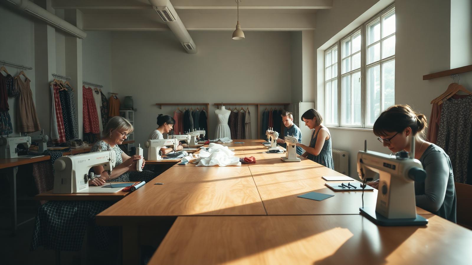 Students sewing at a long table in the Tampa studio